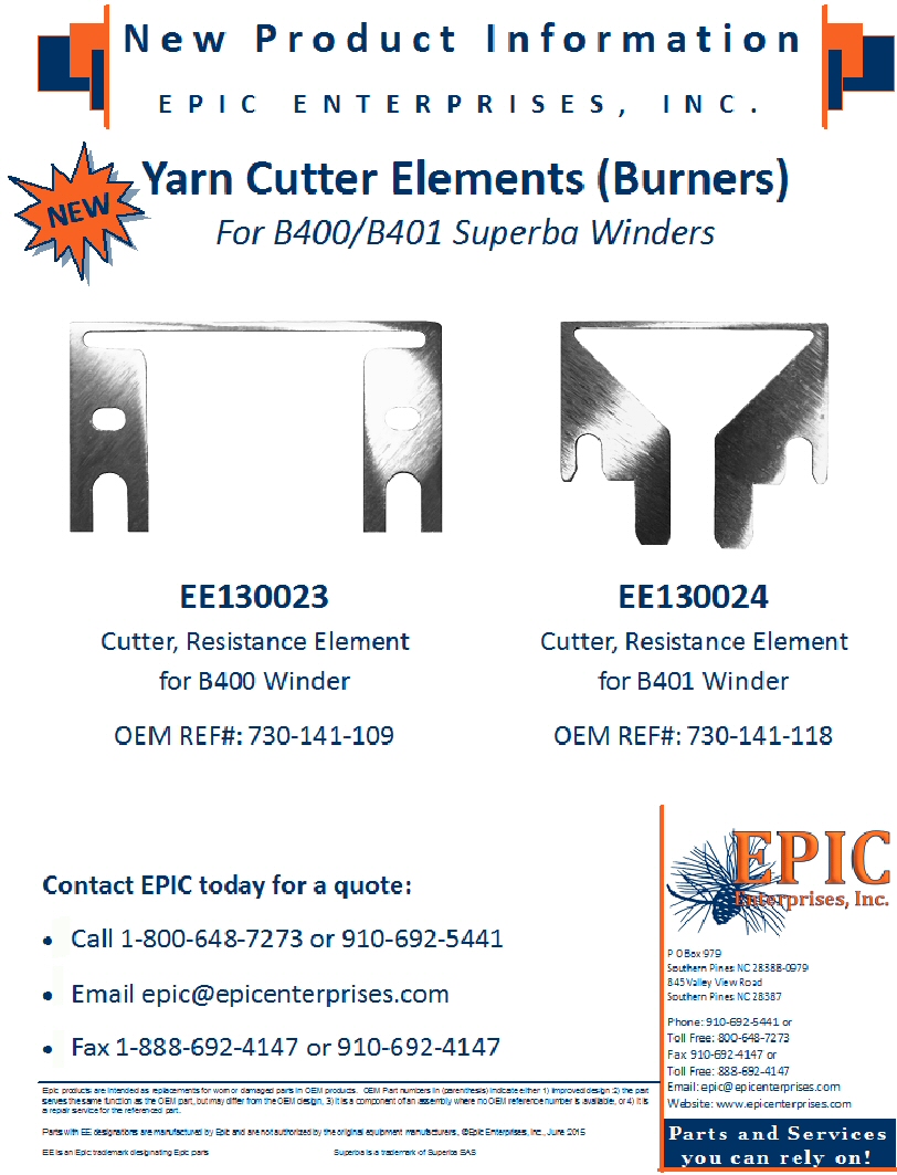 EE130023 & EE130024 Yarn Cutter Elements (Burners) for B400/B401 Superba Winders